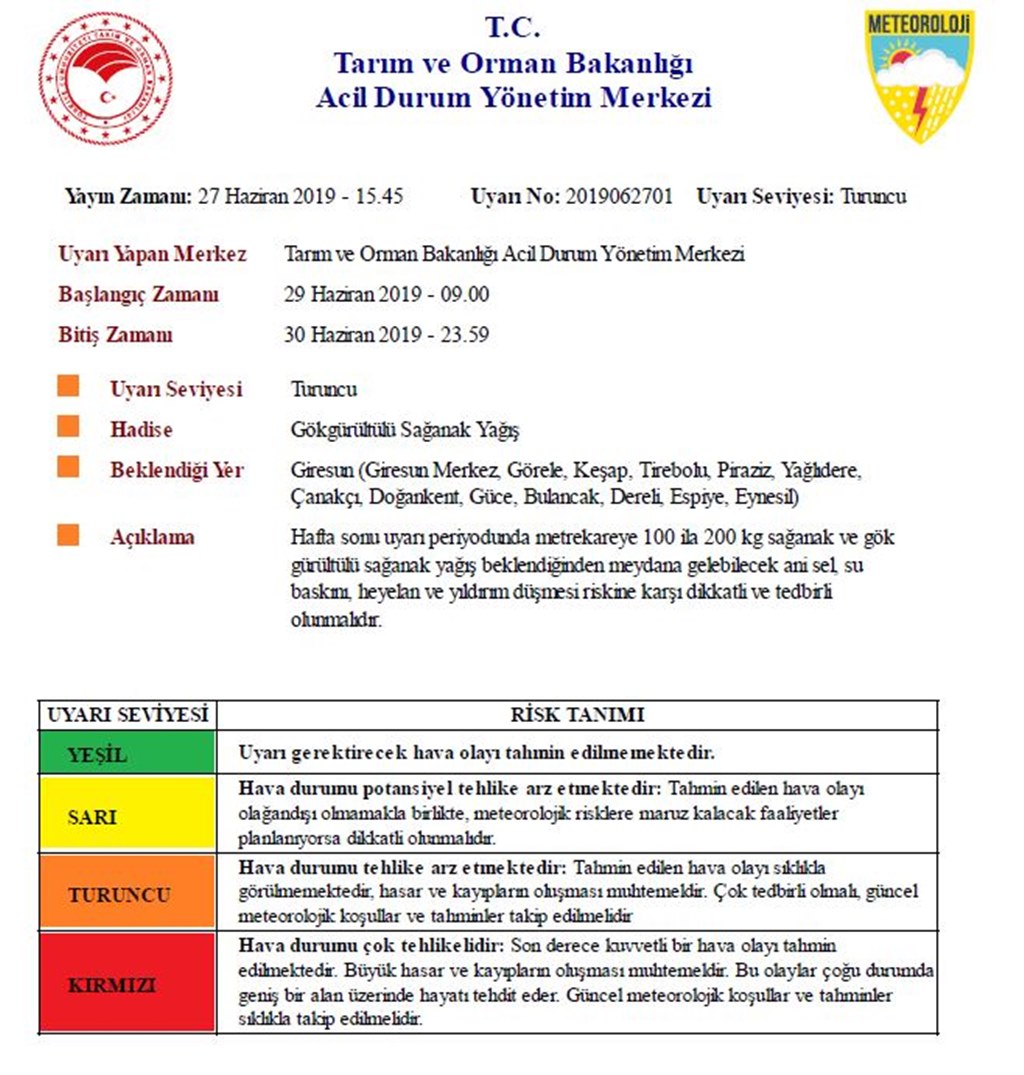 METEOROLOJİDEN GİRESUN İÇİN SAĞANAK YAĞMUR VE SEL UYARISI YAPILDI